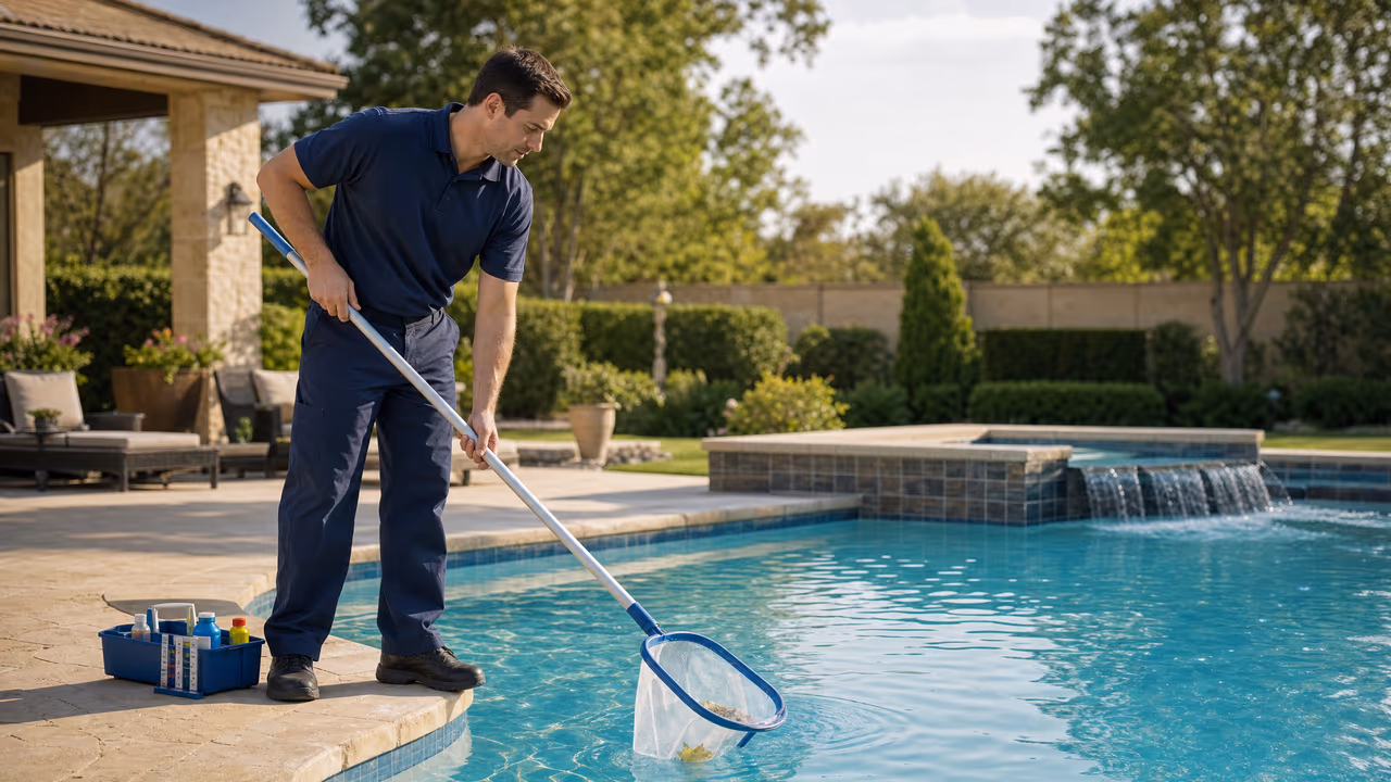 Pool service technician cleaning a swimming pool with a skimmer net