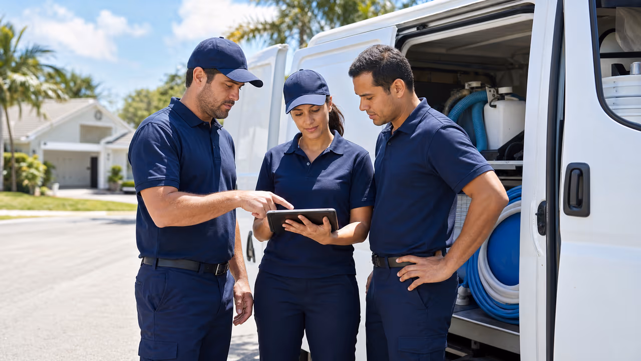 Pool service technicians reviewing a route schedule next to a branded service truck